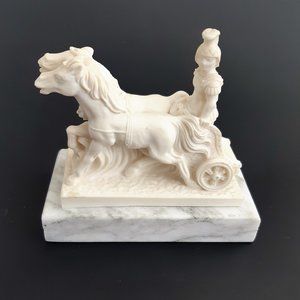 VTG Alabaster Marble Statue Figurine Roman Warrior Chariot Horse Italy Signed